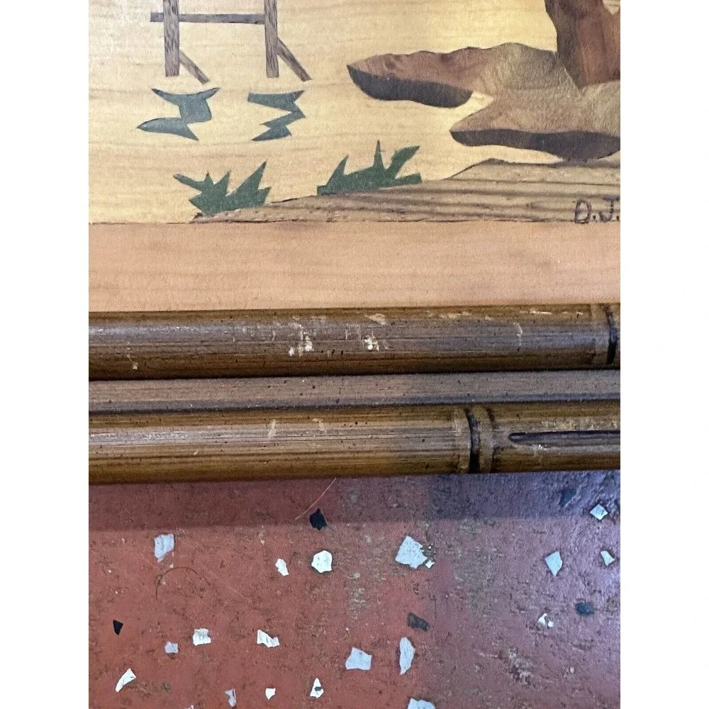 2 Pc Asian Mid Century Modern Framed Wood Cut Out Inlay Wall Art